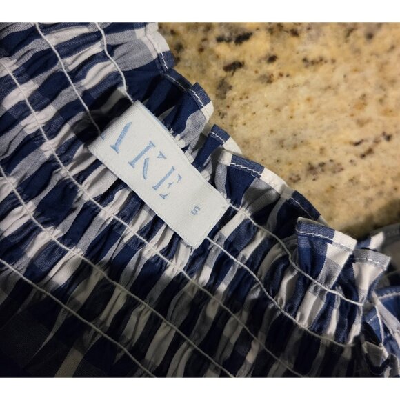 Lake Pajamas Size S Blue Gingham Check Cotton Smocked MIDI Dress Peplum Hem - Picture 9 of 13